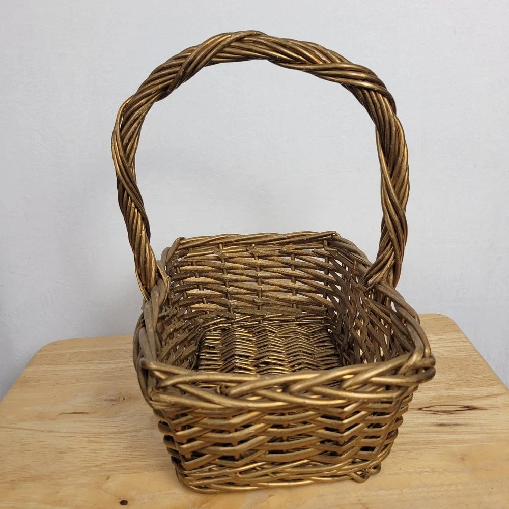 Gold Painted Wicker Flower Basket Vintage Gathering Woven Basket With Handle